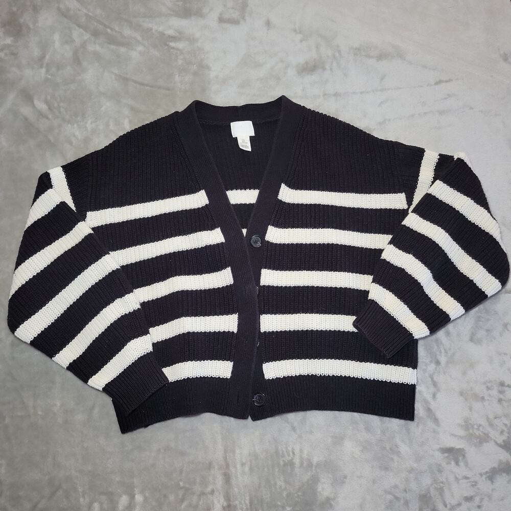 Womens Button Down Knitted Sweater Size L Y2K Preppy Academia Black White Stripe